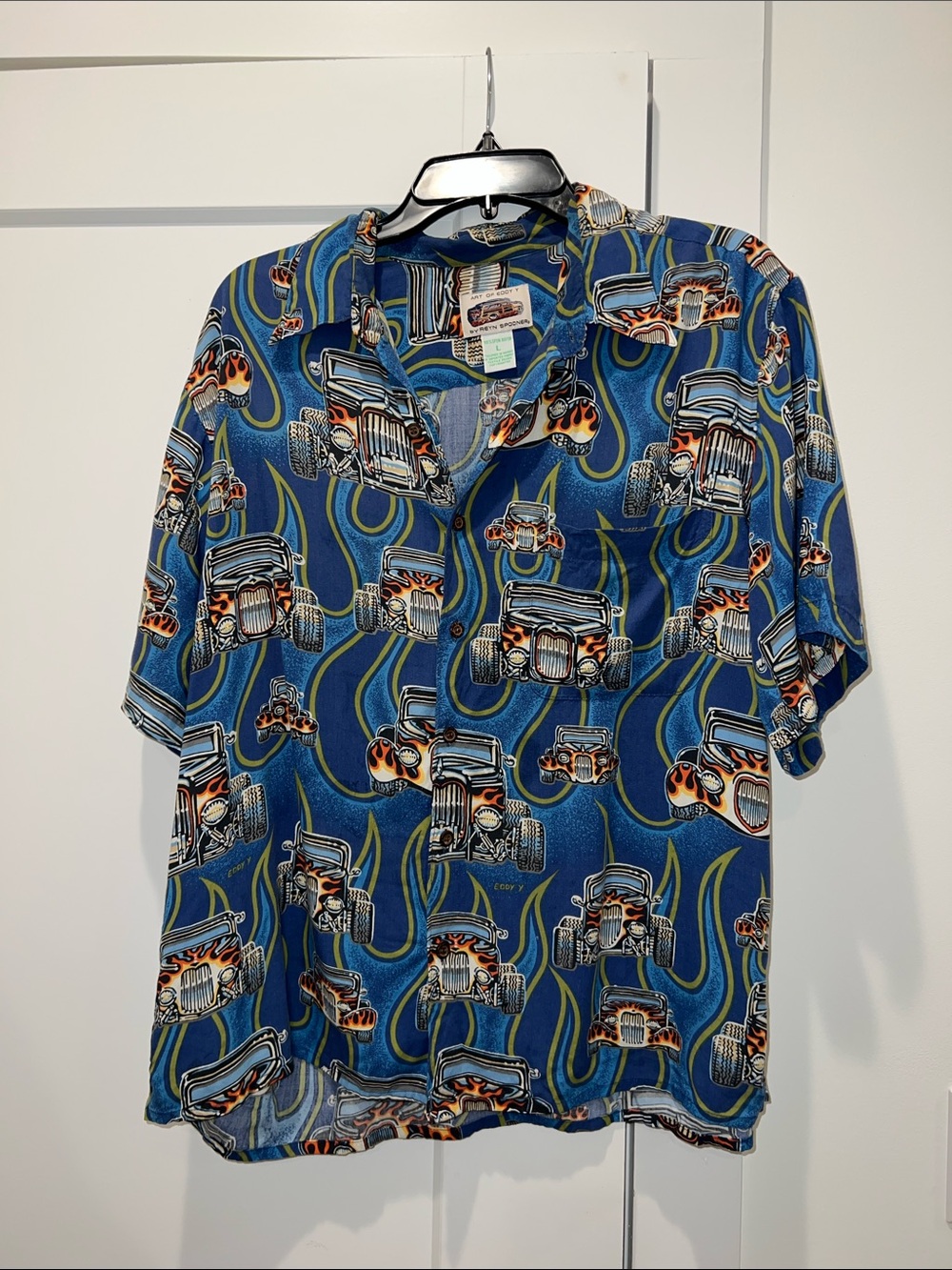 Art‎ of Eddy Y by Reyn Spooner Hawaiian Button Down Shirt Hot Rod Flames